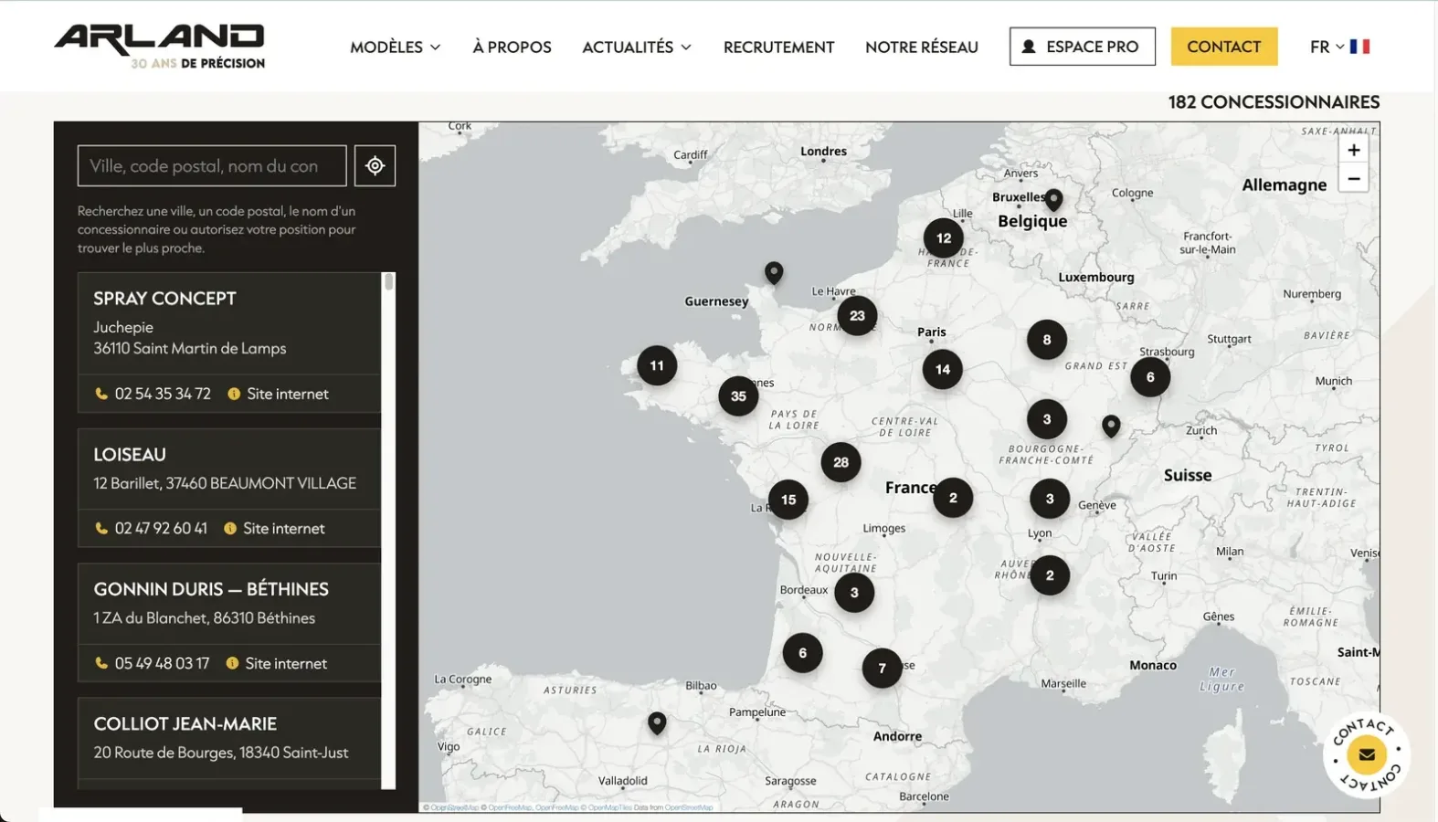 La carte interactive des concessionnaires Arland en France et en Europe