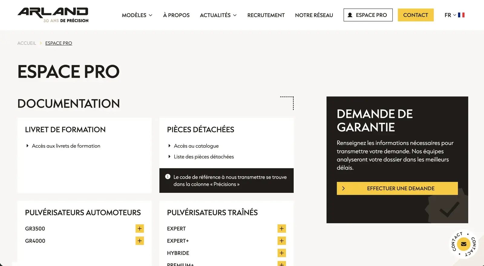 L’espace pro Arland : documentation, pièces détachées et demande de garantie